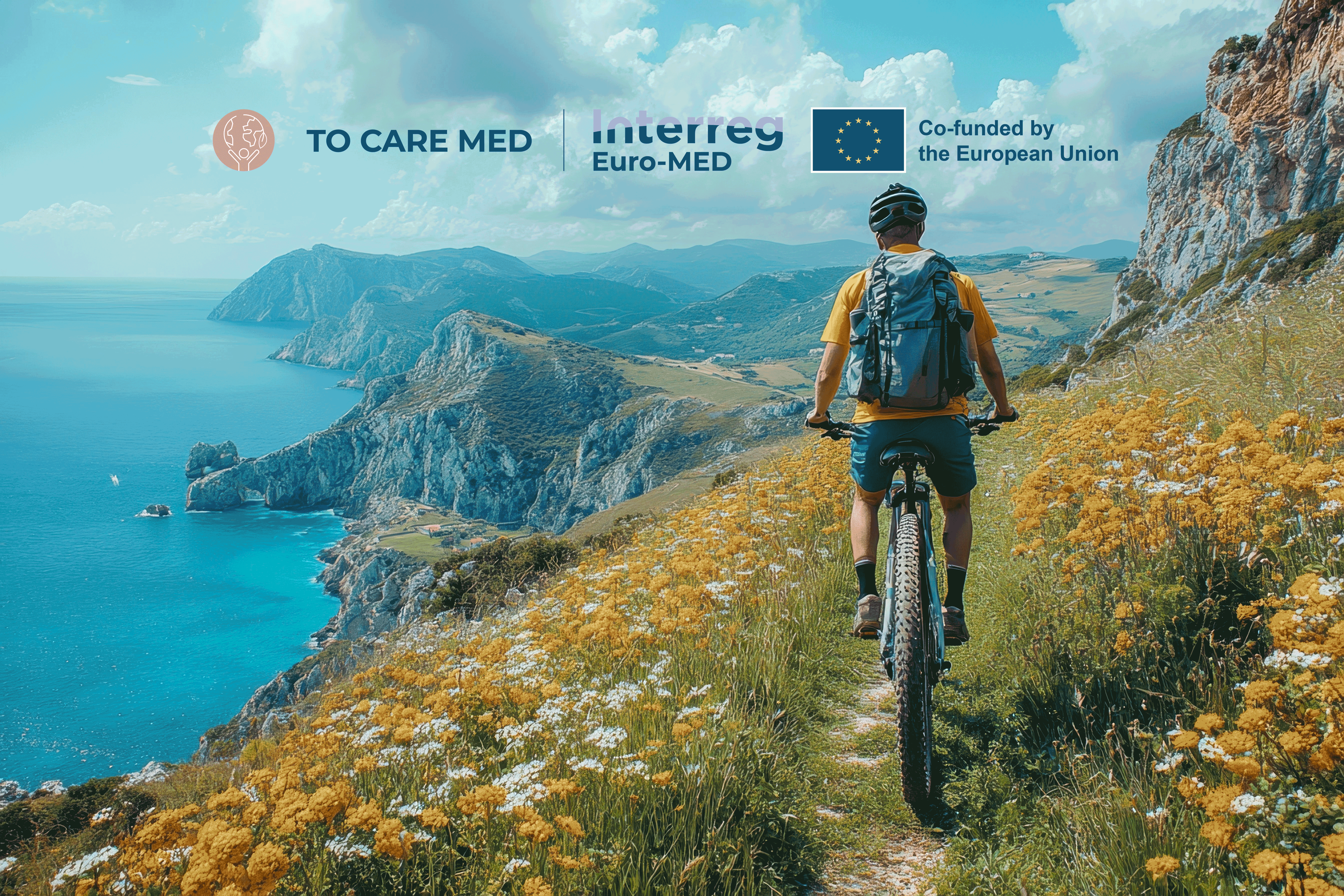 TO CARE MED secondary photo TO CARE MED - A cyclist rides along a beautiful coastal path, enjoying vibrant wildflowers and stunning ocean views.