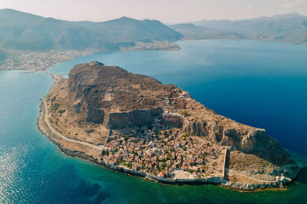 Monemvasia, spectacular medieval castle town, built on a rocky peninsula overlooking the Myrtoan Sea